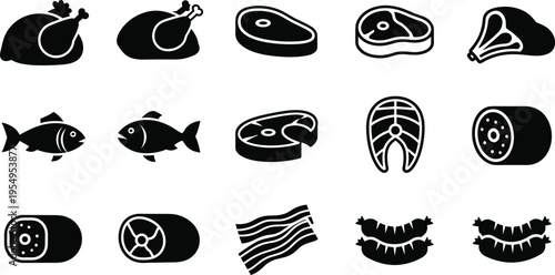 Meat and Seafood Silhouette Icon Set Featuring Chicken Fish Steak Salmon Bacon Sausage and Ham for Butcher Shop and Menu Design.