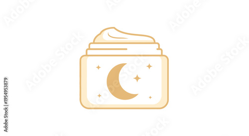 Minimalist Night Cream Jar with Crescent Moon and Stars, Skincare Product Icon on Isolated White Background