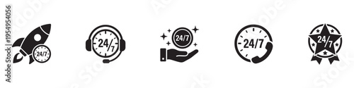 24 7 service icon set. 24-7 open, concept with call icon. Support 24 hours a day and 7 days a week. Support service. Vector Illustration. EPS 10