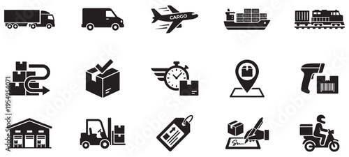 Logistics and delivery icons set. Transportation and cargo service symbols. Vector Illustration. EPS 10