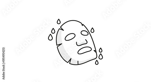 Outline of Face Mask with Flowing Water Drops, Active Skincare Treatment on Isolated White Background