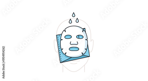 Sheet Face Mask Application on Head Outline with Water Drops, Hydrating Skincare on Isolated White Background