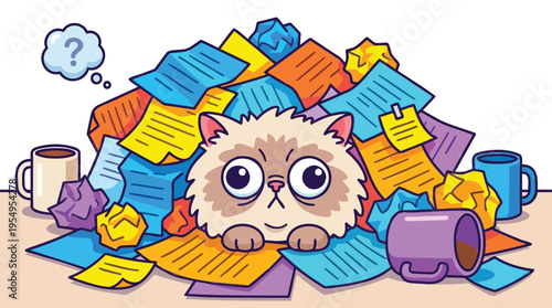 Fluffy cartoon cat buried in a mountain of colorful office papers and coffee mugs, expressing confusion and stress from an overwhelming workload