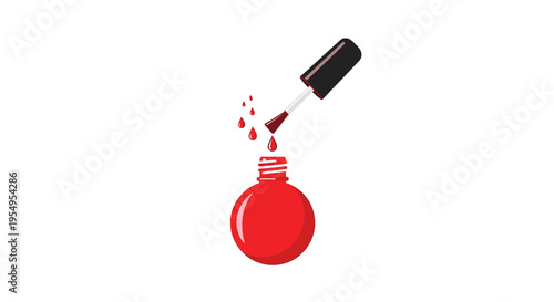 Round Red Nail Polish Bottle with Brush and Multiple Dropping Liquid Splashes, Isolated White Background