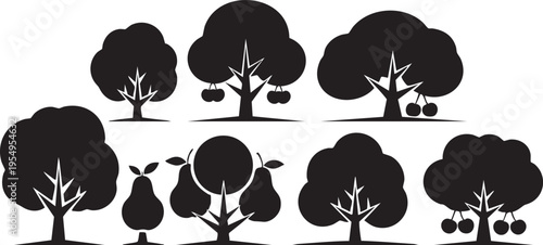 Vector illustration of a black bird silhouette set among nature elements like autumn leaves, spring flowers, and trees during a rainy season with an umbrella and cloud icon art