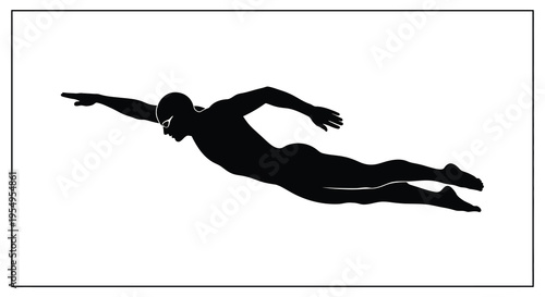 A dynamic black silhouette depicts a swimmer in mid stroke extending forward with powerful momentum silhouette high quality professional detailed modern elegant