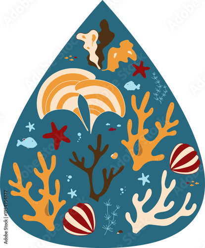 Water drop. Sea life. Vector ocean world aquatic nature ecosystem with coral shells fish in cartoon style isolated colorful illustration