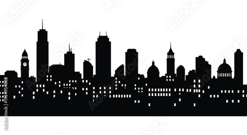 A stark black cityscape against a bright white background presents a dramatic urban skyline silhouette high quality professional detailed modern elegant