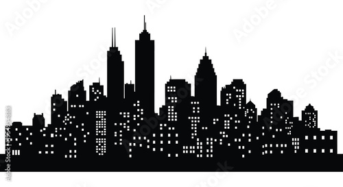 A striking black cityscape with numerous tall buildings and spires depicted as a bold silhouette high quality professional detailed modern elegant
