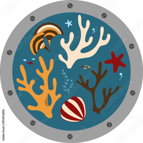 Porthole sea life. Underwater window. Vector illustration aquatic ecosystem in submarine circle with coral shell fish at color ocean scene