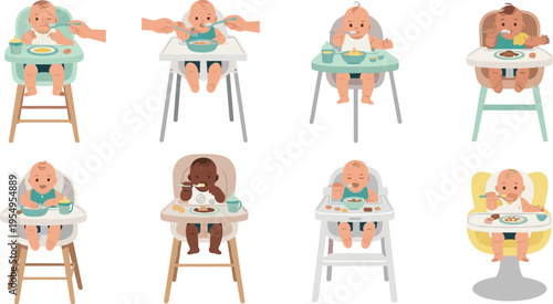 Baby Feeding in High Chair Vector Set with Toddlers Eating Different Meals Messy Food Scenes and Parenting Moments for Nutrition Illustration Design.