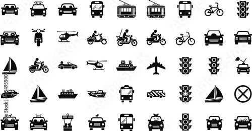 Transportation icons vector illustration, car bus train airplane bicycle ship motorcycle helicopter traffic light and vehicle symbols collection for travel and mobility design