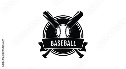 A black silhouette of crossed baseball bats a ball and a banner displaying the word baseball within a circular frame silhouette