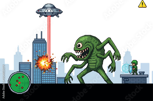 Retro pixel art alien invasion of city with UFO and monster attacking buildings and soldier defending