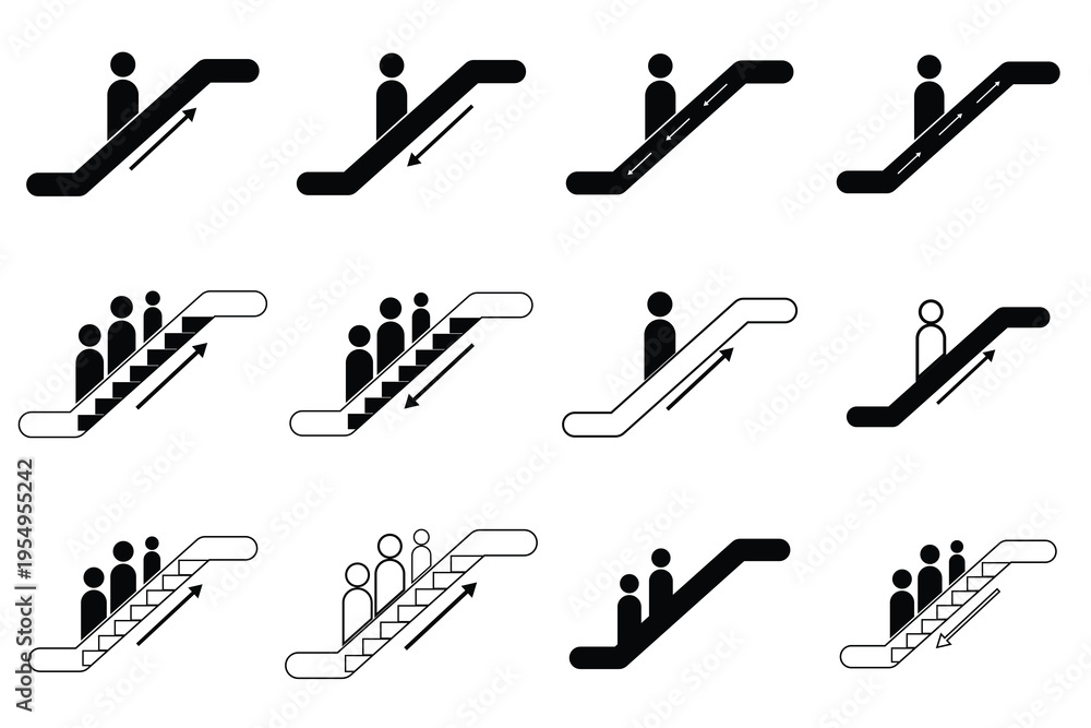 Obraz premium Set of 12 Escalator icon. Escalator black liner icon collection. Escalator Up and Down Icon In Different Style Vector. 