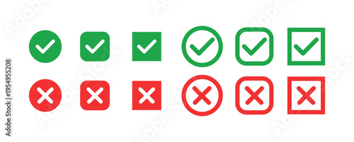 Check and Cross Mark Icon Set in Green and Red Colors. Tick and X Symbols for Approval and Rejection Isolated on White Background.