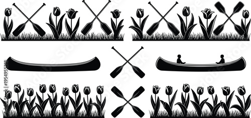 Outdoor Adventure Silhouette Set Featuring Canoes Oars Crossed Paddles And Tulip Flower Garden Borders For Summer Camping And Nature Graphic Design.