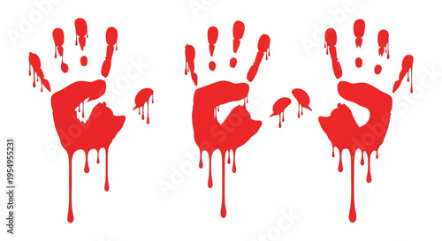 A stark arrangement of three red handprints against a white background creates a dramatic unsettling visual silhouette high quality professional detailed