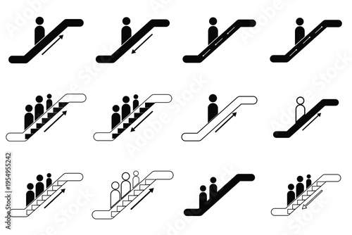 Set of 12 Escalator icon. Escalator black liner icon collection. Escalator Up and Down Icon In Different Style Vector. 