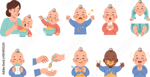 Baby Feeding Moments Vector Set with Mother Spoon Feeding Bottle Drinking and Messy Eating Scenes for Infant Nutrition Illustration and Childcare Design.