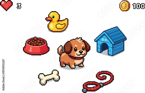 Pixel Art Doghouse Scene with Pet Accessories and Cute Puppy Illustration