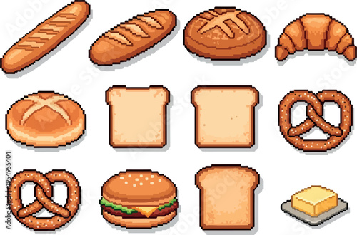 Pixel art collection of baked goods and food items including bread, croissants, pretzels, and a hamburger
