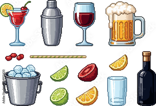 A colorful pixel art collection of various alcoholic and non-alcoholic beverages, including cocktails, wine, beer, and spirits, alongside bar accessories like ice buckets and garnishes