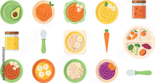 Baby Food Puree and Meal Set Vector Illustration with Fruits Vegetables Bowls Jars and Feeding Accessories for Infant Nutrition and Healthy Diet Design.