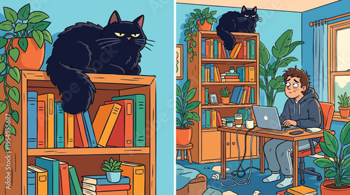 Observant black cat perched above a focused remote worker amidst a thriving plant collection and the charming clutter of a home study