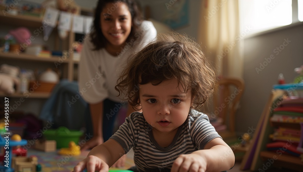 Fototapeta premium Crawling toddler in striped tee reaching blocks on home mat, woman in white tee leaning smiling