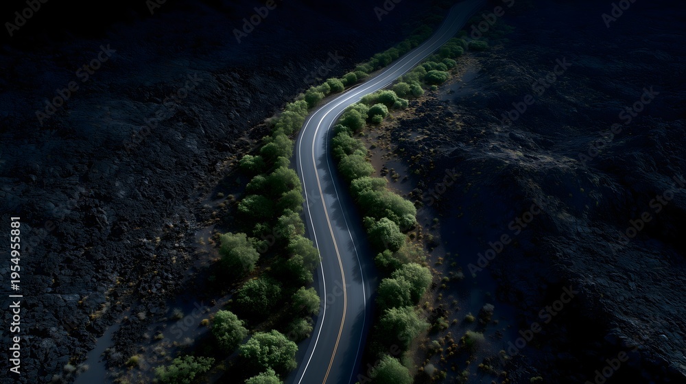 Fototapeta premium Aerial view of winding road along rugged volcanic landscape with lava terrain