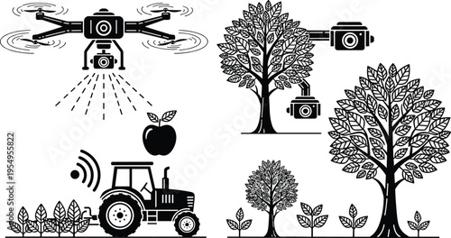 Smart Agriculture Icon Set Featuring Agricultural Drones Autonomous Tractor Monitoring Trees and High Tech Precision Farming Systems for Modern Sustainability Design