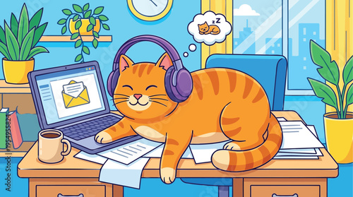 Cute ginger cat in headphones peacefully sleeping on a messy office desk next to a laptop, embodying a relaxed work-from-home lifestyle