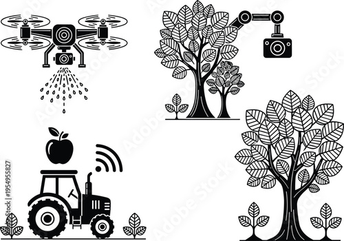 Smart agriculture icons set with agricultural drone spraying crops robotic harvesting arm and autonomous tractor for high tech precision farming vector.