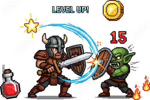 Pixel Art Fantasy Battle Scene with Warrior and Goblin in Action with Magical Elements and Health Potion