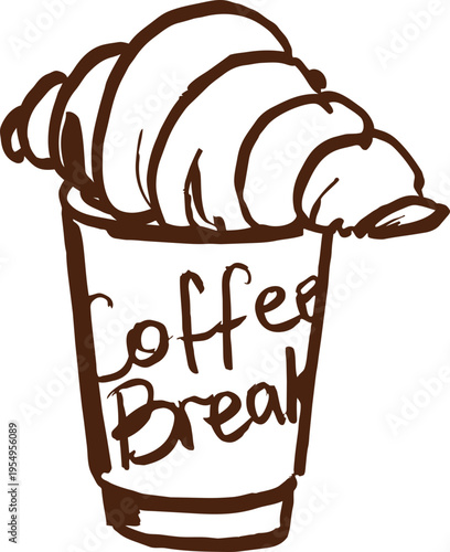 Hand drawn coffee to go cup with croissant on top in brown line art. Simple vintage style vector illustration. Bakery breakfast, cafe food, cozy drink graphic.