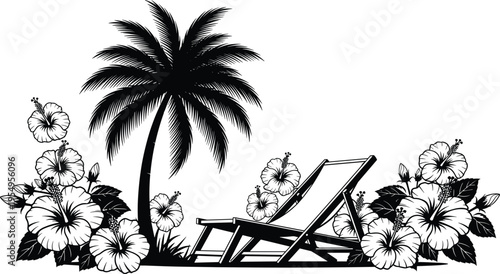 Tropical Beach Scene Featuring Palm Tree Silhouette Deck Chair and Hibiscus Flowers for Summer Vacation Travel and Exotic Island Vector Design