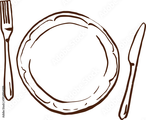 Hand drawn plate with fork and knife in brown line art. Simple vintage style vector illustration. Table setting, dining, restaurant and cafe food graphic.