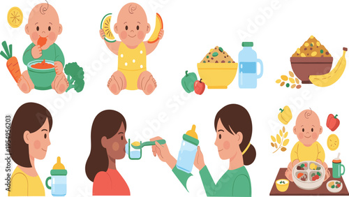 Baby Healthy Eating Vector Set with Fruits Vegetables Meals Feeding Bottle and Mother Feeding Scenes for Infant Nutrition Illustration and Childcare Design.