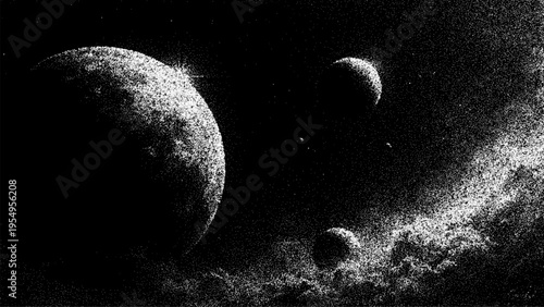 Space background with planets in stipple style. Cosmic scene showing celestial bodies and galaxy. Vintage dotted texture for astronomy design projects. Abstract universe art illustration.