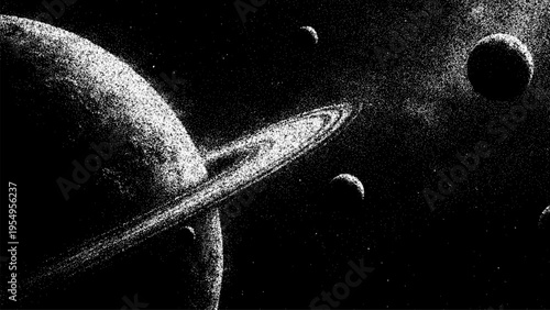 Saturn style ringed planet with moons in outer space. Stipple vector background artwork. Galaxy scene with celestial bodies and stars for science fiction concept and cosmic wallpaper.