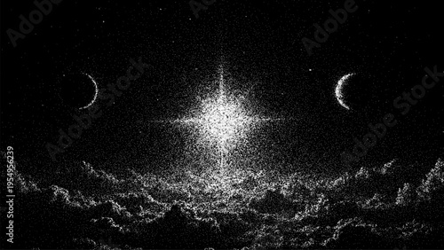 Stipple space background with bright central star and crescent moon. Cosmic art illustration with dots pattern. Universe galaxy backdrop for abstract design and dark astronomy concept.