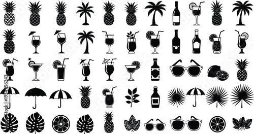 Tropical Summer Silhouette Icon Set Featuring Pineapples, Cocktails, Palm Leaves, Sunglasses, Umbrellas, and Exotic Fruit for Vacation and Beach Party Designs.