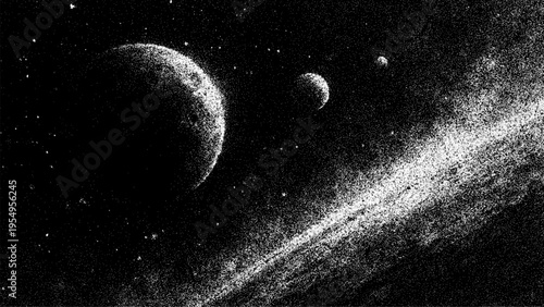 Space background with planets and stars created in dot stipple technique. Monochrome grain texture illustration of galaxy. Cosmic night sky art for creative wallpaper and poster design.