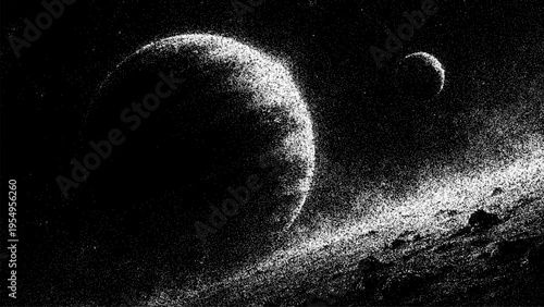 Space vector stipple illustration featuring planet and crescent moon. Retro dotwork art style cosmic scenery for background design. Celestial galaxy landscape with grainy texture.