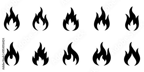 Big collection of various small fire flame icons, Fire flame icon collection. Includes various black flame symbols. Created in vector style with black color palette on white background