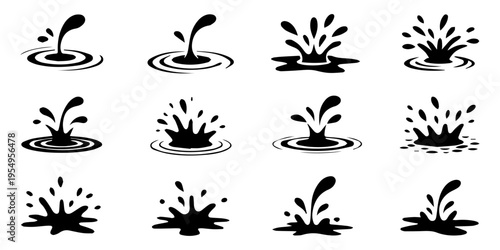 black silhouette Various Puddles drops splashing water icon set vector, Set of black water splash and drop icons, depicting various liquid movements and ripples, Collection of black and white vector