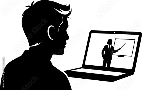Silhouette of student attending online class on laptop with teacher on screen, e-learning concept.