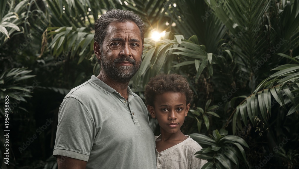 Fototapeta premium Standing parent and child posing in tropical palm garden, sunlight flare, green polo, beige shirt