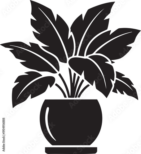 A black and white floral vector illustration featuring a nature silhouette of a blooming lotus plant with decorative leaf elements and artful foliage for a garden tattoo design